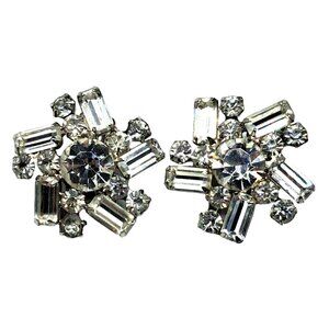 Vintage Juliana Earrings Clear Rhinestones Clip On Floral Design Costume Jewelry